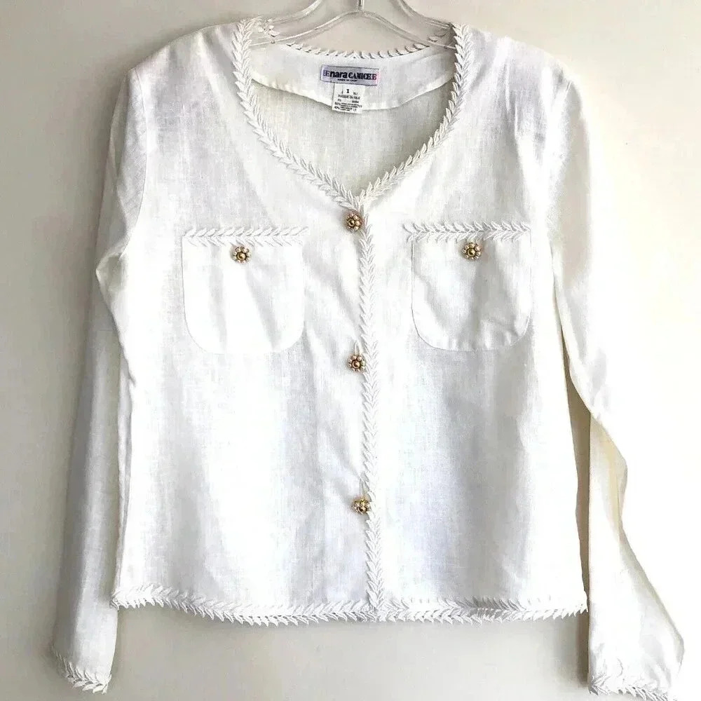 Italian Linen Blend long sleeve shirt gold flower buttons lace trim Lagenlook